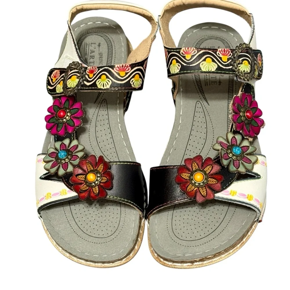 L'ARTISTE Nadira Genuine Leather Floral Embellished Strappy Comfortable Sandal - Picture 2 of 13